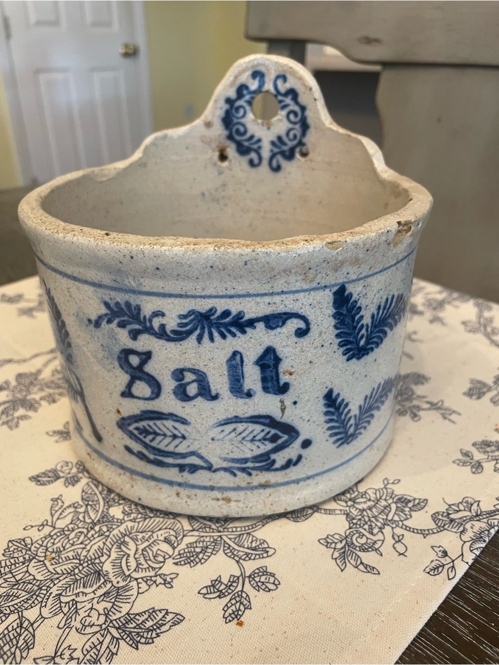 Blue and White Ceramic Salt Crock Wall Pocket - Classic Floral Design
